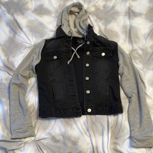 Black Distressed Denim Jacket with Sweatshirt Sleeves